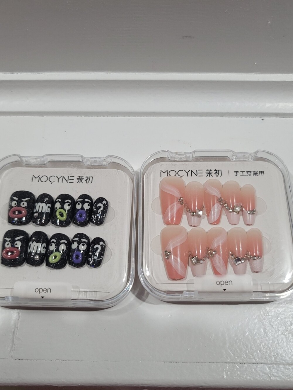 MOCYNE Press On Nails Set of 2 | Black Cartoon & Pink Rhinestone Design